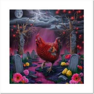 AI generated red striped chicken in graveyard Posters and Art